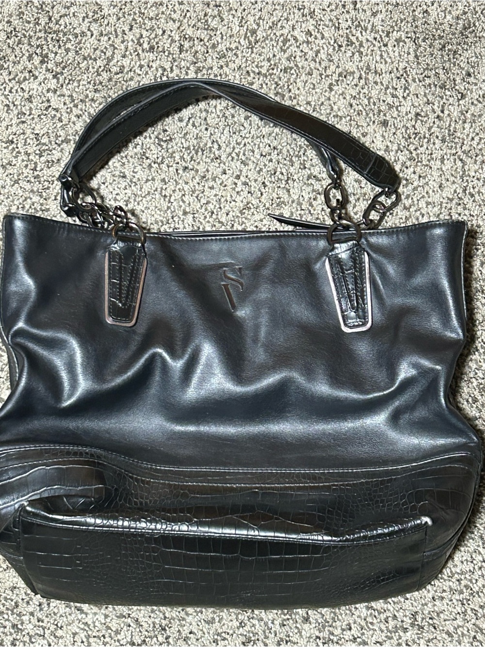 Black Women's Tote Bag - Sleek Croc-Trim Shoulder Bag